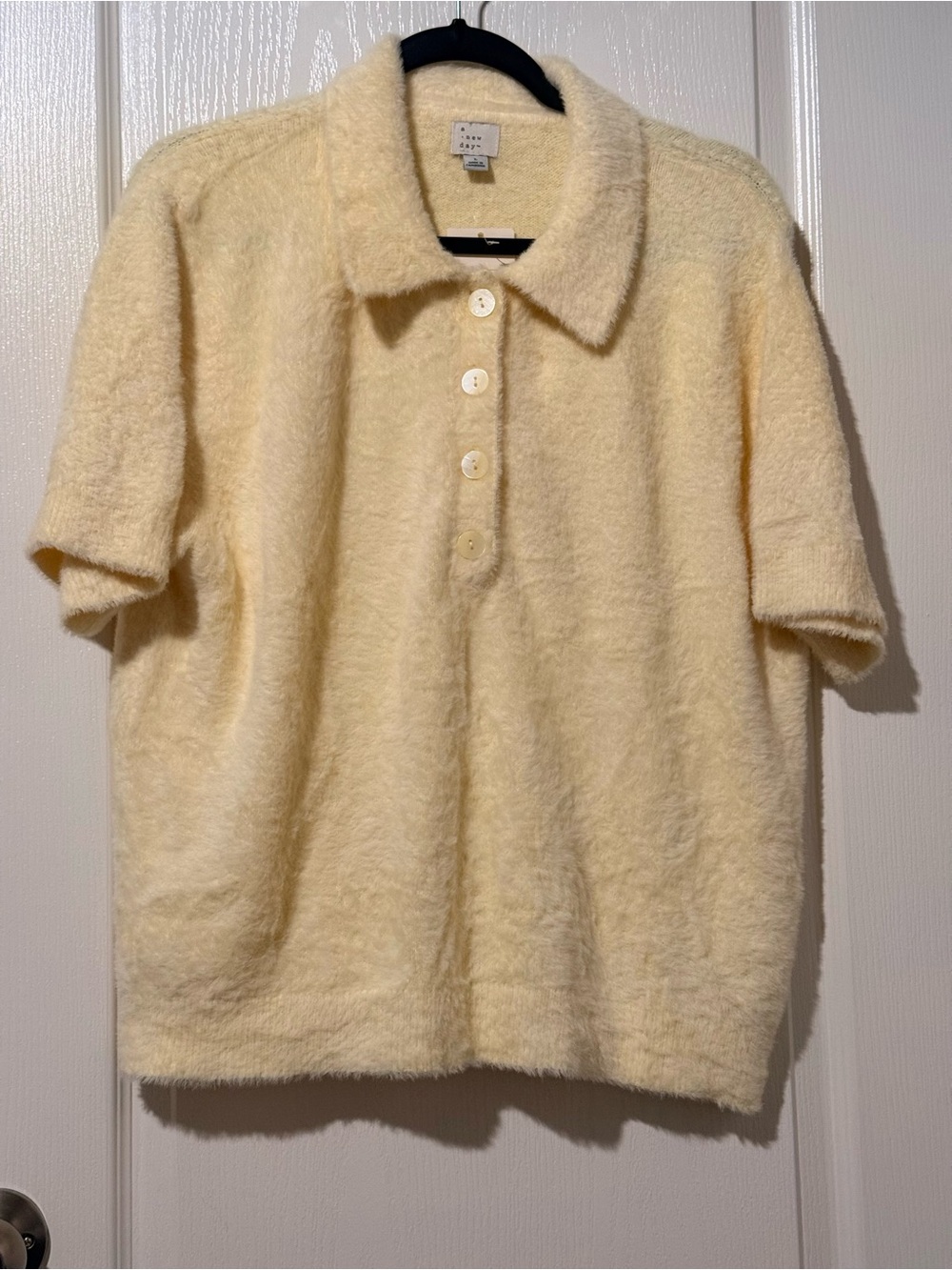 a new day Cream Fuzzy Short-Sleeve Polo Sweater Size L
